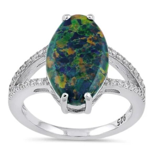 925 Sterling Silver Marquise Lab Created Green Black Opal CZ Ring - Picture 15 of 15